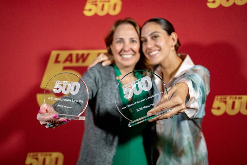 AG Immigration Law PA showing its 2026 Law Firm 500 winner award beside a fellow honoree